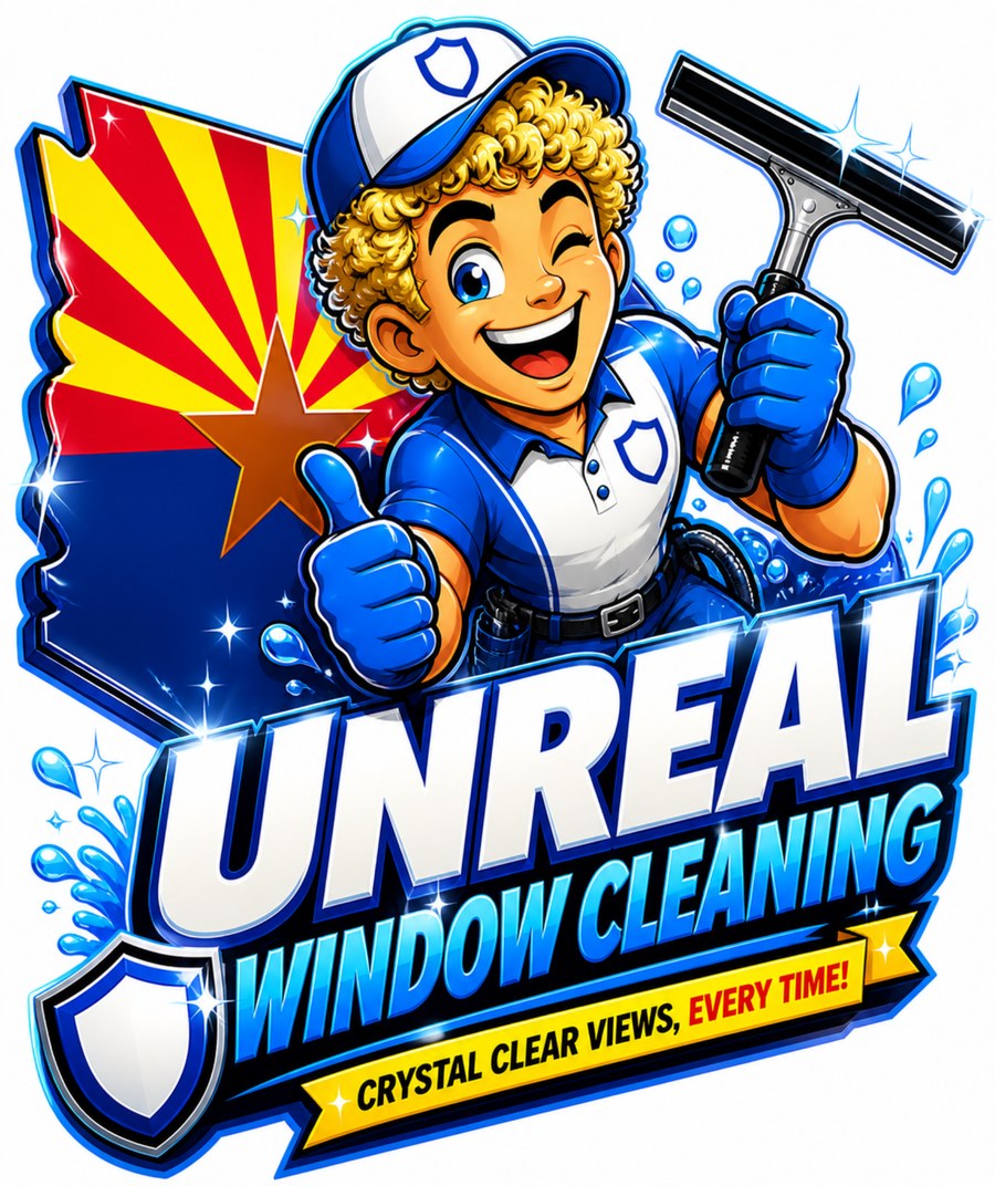 Unreal Window Cleaning mascot holding a squeegee